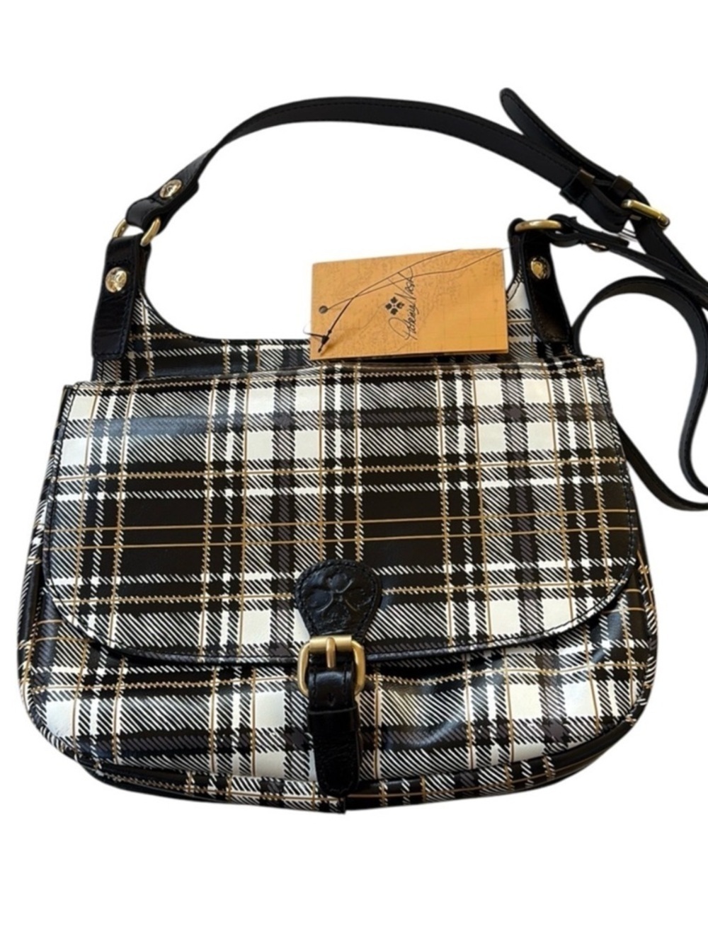 NWT Patricia Nash Leather London Plaid Double Compartment Crossbody Saddle Bag